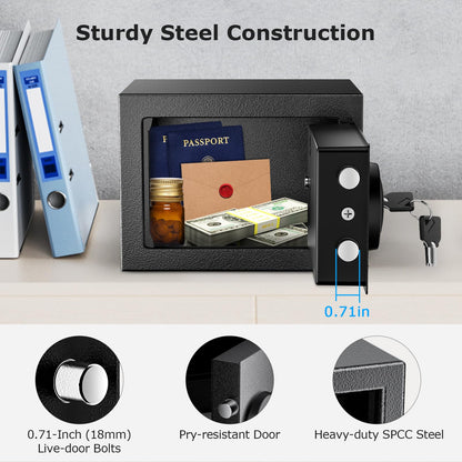 Bonsaii Safe Box with Electronic Keypad, Steel Security Lock Box with Key, 0.23 Cubic Feet, 9.06" W x 6.69" D x 6.69" H, Small Hidden Safe for Cash Jewelry