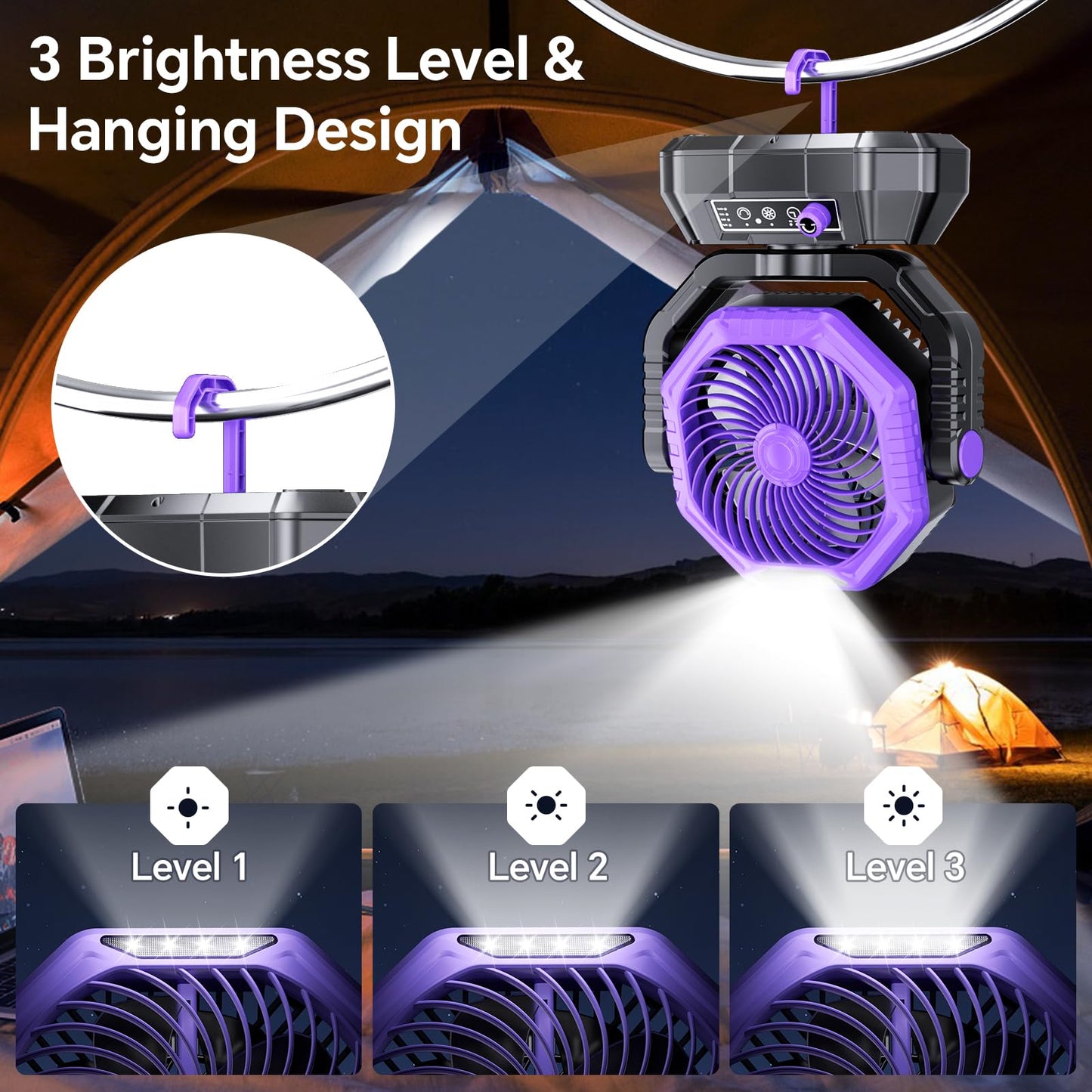 AJVV Camping Fan, 20000mAh Portable Rechargeable Battery Powered Fan with Stepless Wind Speed, Personal Desk USB with Light for Outdoor, Home, Tent, Fishing, Camping