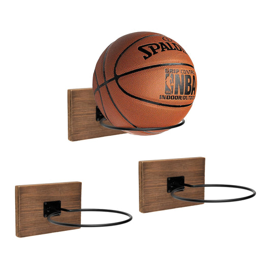 GENMOUS Set of 3 Wood Basketball Holder Wall Mount Display for Boys Room Decor, Metal Ball Rack Display Stand for Basketball Football Volleyball Storage, Basketball Rack Sports Decor for Boys Bedroom