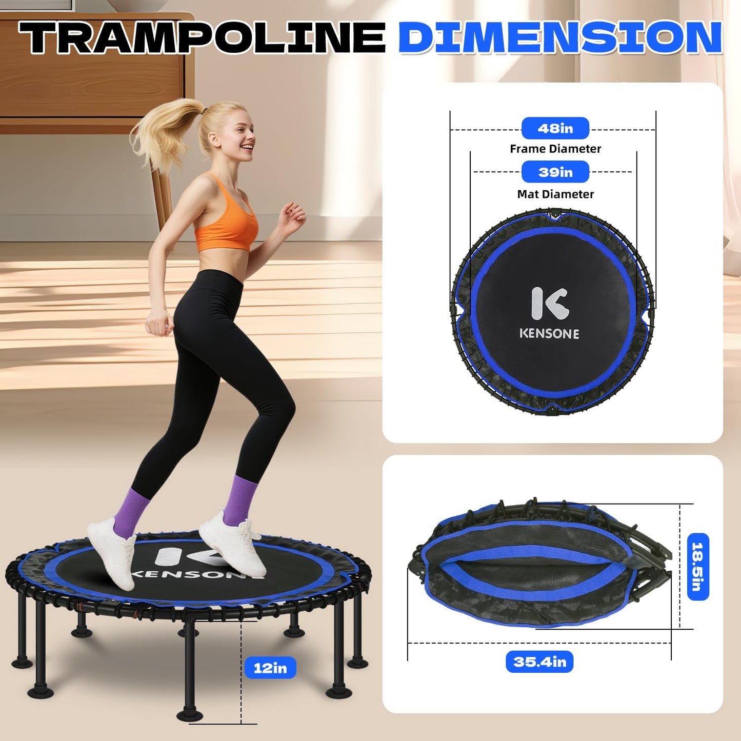 K KENSONE 48" Foldable Rebounder Trampoline for Adults with Bungee, 550 LBS Quiet Indoor Mini Trampoline for Adults Fitness, Gym Workout, Home Exercise, Blue