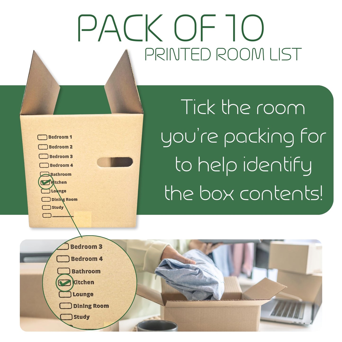 10 Strong Large Cardboard Storage Packing Moving House Boxes with Carry Handles and Room List – Ideal for Storage, Moving, and Packing 18" x 11" x 11" internal. Made in the UK