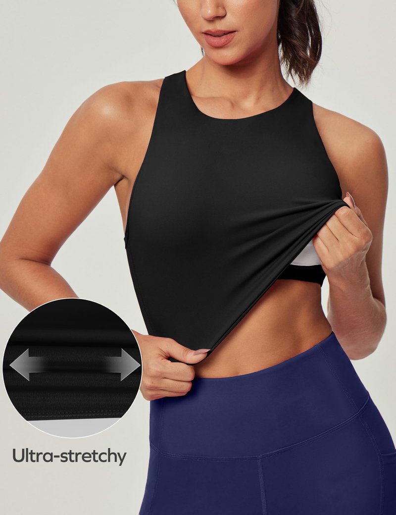 Ewedoos Tank Tops with Built in Bras Longline Sports Bras for Women High Neck Racerback Sports Bra Padded Workout Crop Black