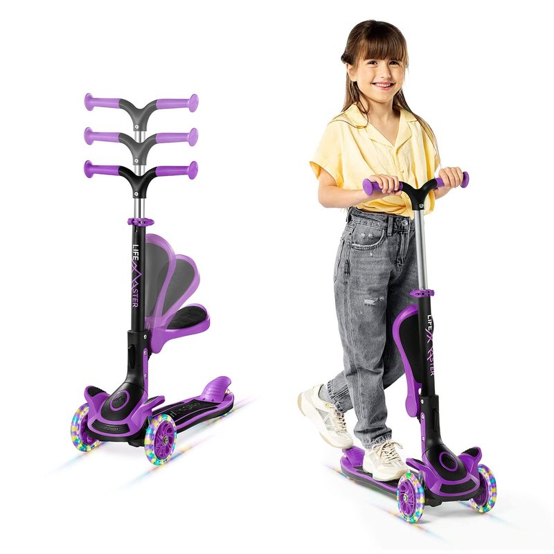 3 Wheel Scooter for Kids with Foldable Seat, Adjustable Handlebar Height, Lean-to-Steer Ride On Toy for Kids Ages 2+, Light-Up LED Wheels, Wide Anti Slip Deck, Indoor & Outdoor Use, Purple