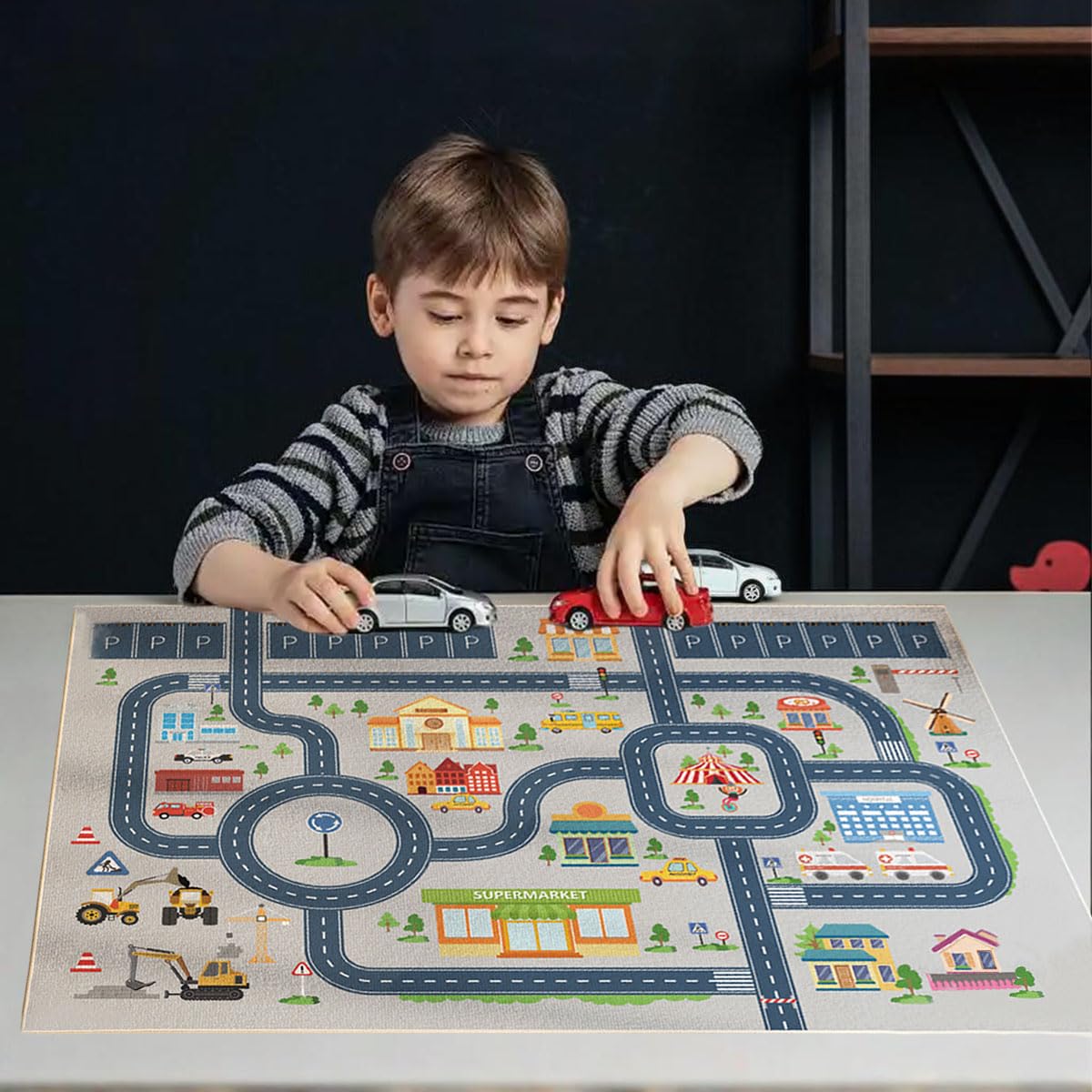 HOJOMACA Kids Rug Mat Carpet 5×7ft, Car Rugs for Kids Toy Cars, Non Slip Floor Mats for Children, Educational Area Play Rugs for Children's Playroom Bedroom