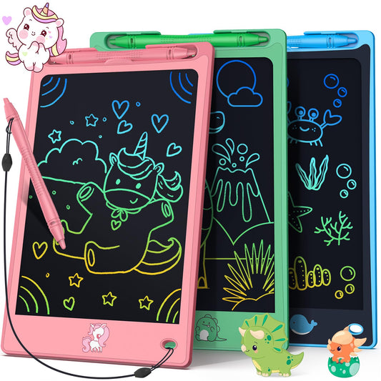FLUESTON LCD Writing Tablet for Kids,Drawing Tablet for Boys Girls 3 4 5 6 7 8 year, 8.8 Inch 3pcs in 1 Pack Drawing Pad Toy Christmas Gifts for Toddler, Educational Doodle Board Cute Dinosaur Unicorn