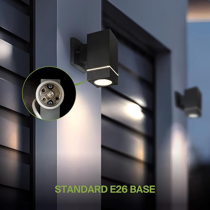 ASD 1 Light Square Outdoor Wall Light Fixture | 60W E26 Bulb Socket 120V ETL Cylinder Up Down Lights | LED/CFL/Incandescent Bulb Exterior Wall Sconce | Front Door, Porch Patio | Ringed Black