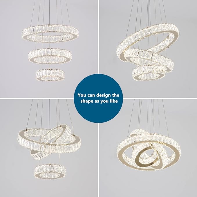 FRIXCHUR Dimmable Modern LED Chandelier 3 Ring Pendant Light Crystal Chandelier for Dining Room Living Room Bedroom,3 Colors Adjustable