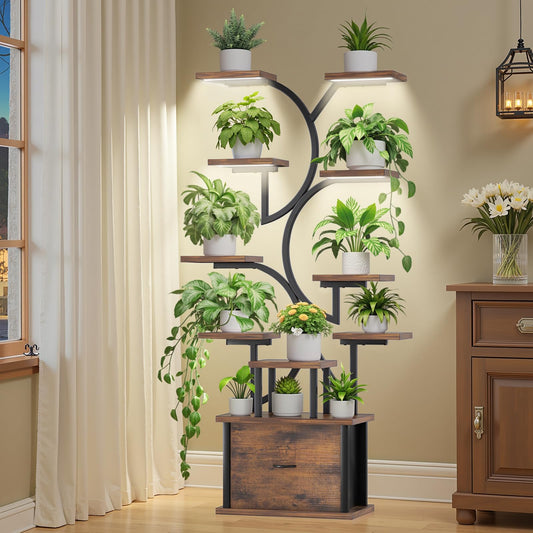 Plant Stand Indoor with Grow Lights - 11 Tiered Plant Shelf with Drawer, 65" Corner Plant Stands for Indoor Plants, Plant Stand for Multiple Plant, Flower Display Rack for Home, Living Room, Patio