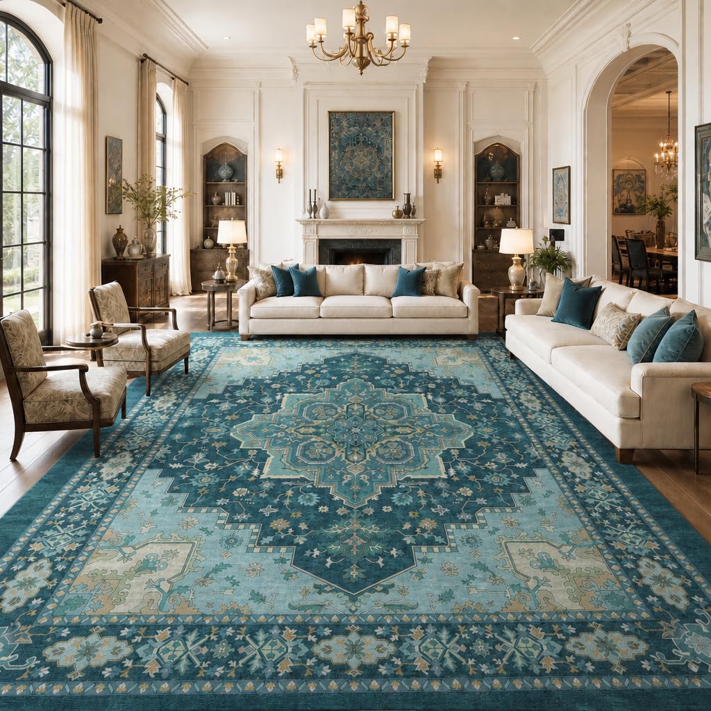 AMADA HOMEFURNISHING 8x10 Area Rug for Living Room, Vintage Washable Area Rug Low-Pile & Non-Slip Carpet for Bedroom Dining Room Nursery Home Office, Teal Blue