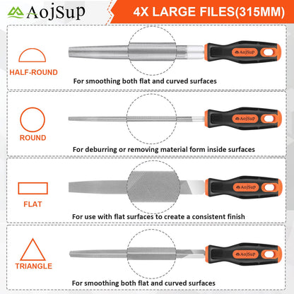 AojSup 17Pcs Metal File Set, Professional Files Tools, Premium Metal Files with Suitcase, 4X Large Files - Flat/Triangle/Half-Round/Round File&12x Needle Files, Perfect for Wood, Metal&DIY Project