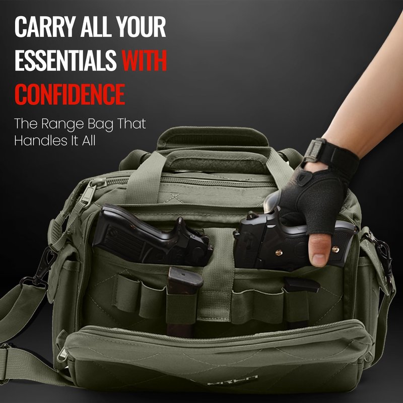 Gun Range Bags for Handguns and Ammo – Tactical Shooting Bag can Fits 3+ Pistols – Compact Gun Carrying Case with Durable Double Stitching Lockable YKK Zippers, Magazine Storage & Shoulder Strap