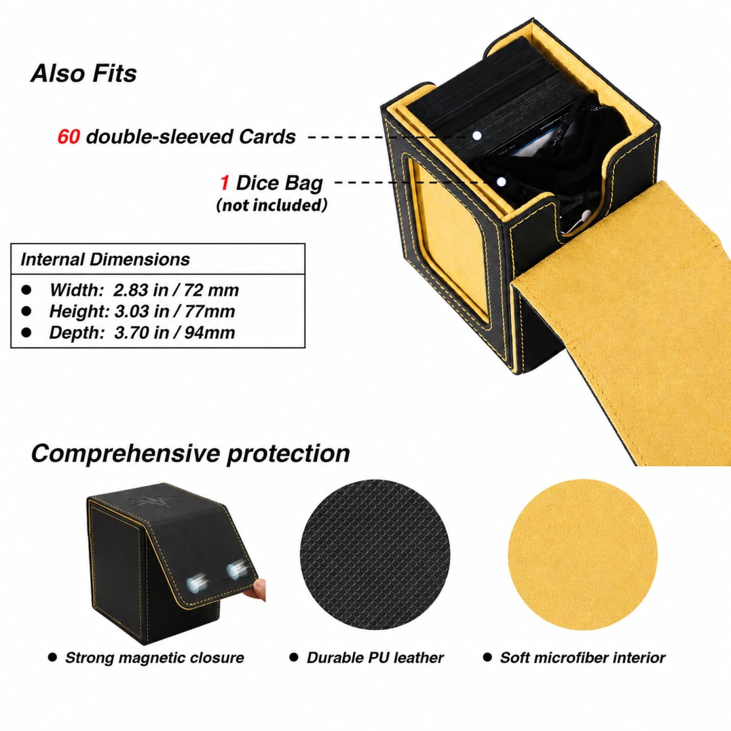 Venssu MTG Deck Box for Commander Display, Fits 100 Double Sleeved Cards, TCG Card Storage Box (Black and Yellow, 1 Window)