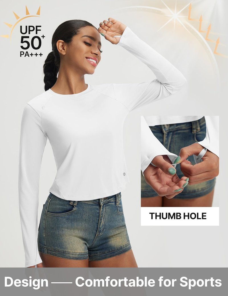 baleaf Women's UPF 50+ Long Sleeve Sun Shirts Crop Rash Guard UV Workout Tops SPF Slim Fit Lightweight Athletic Hiking White XS