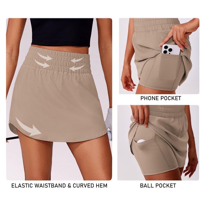 PINSPARK Tennis Skorts for Woman Lightweight Golf Skort Breathable Athletic Skirt Quick Dry Running Skirt 16" Pleated Pickleball Skirts, Khaki Small