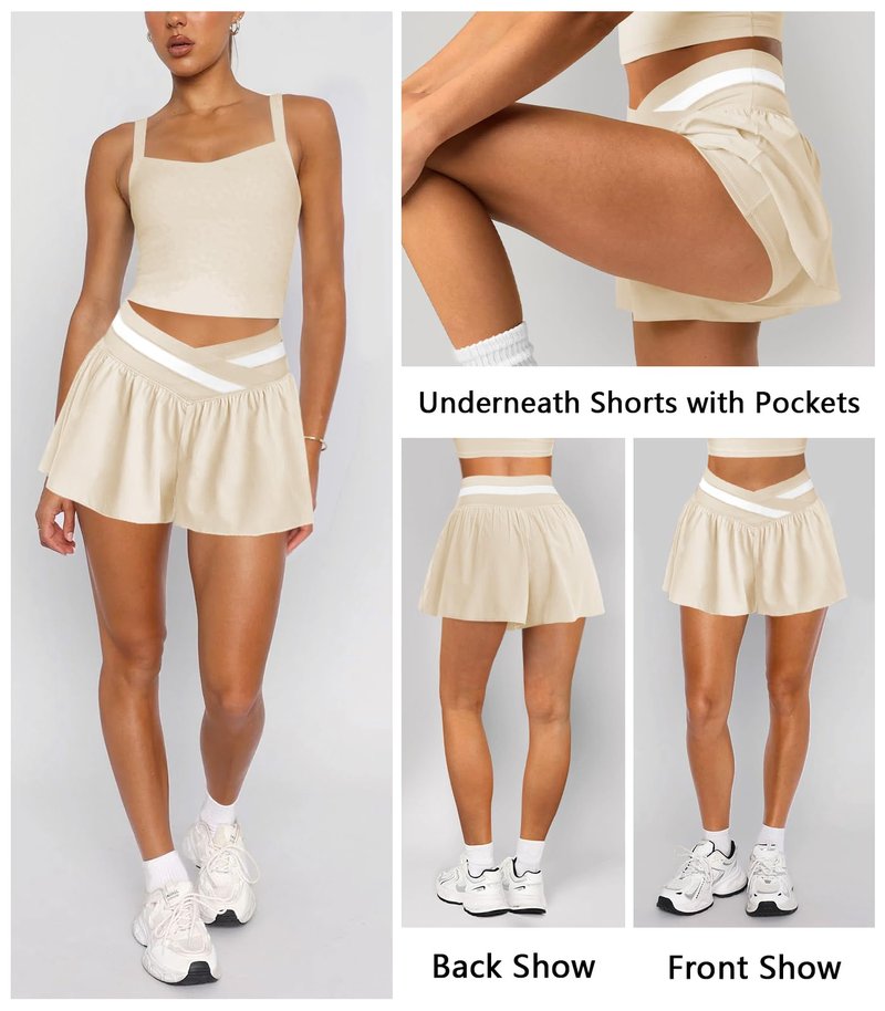 Hragc Womens Athletic Workout Apricot Shorts Flowy Butterfly Elastic Crossover High Waisted 2 in 1 Running Shorts with Pockets for Women Large