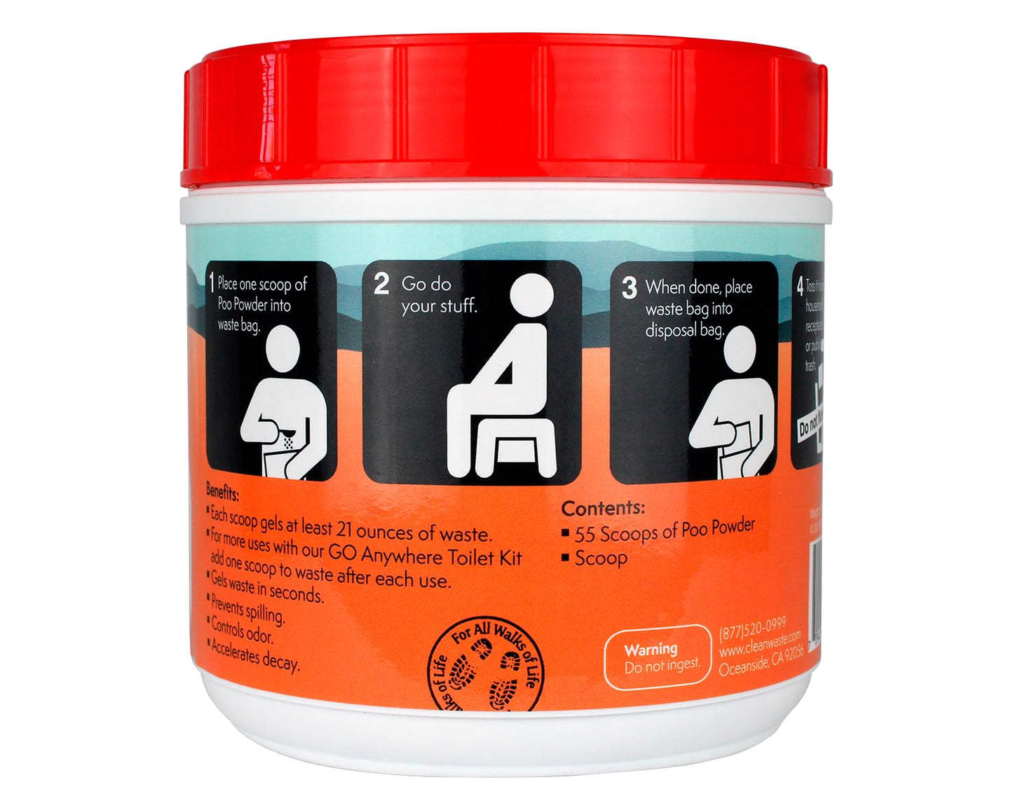 Cleanwaste Portable Mini Poo Powder Deodorizing Waste Treatment - 55 Scoops - Pee and Poop Gelling Powder for Camping, Travel, Emergencies