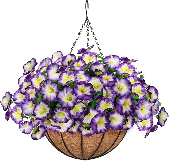 Artificial Hanging Flowers Basket, Fake Plants, Faux Silk Petunias Eucalyptus, for Spring Summer Outdoor Decoration, UV Resistant, Coconut Planter wtih Morning Glories, for Patio Garden Decor (Purple)