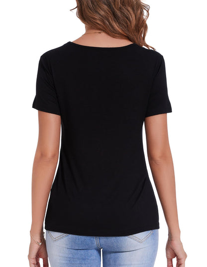Sosolism 3 Pack Nursing Tops Summer Short Sleeve Breastfeeding Shirts Casual Pregnancy Postpartum Tshirts for Women Black, Dark Grey, Striped, Large