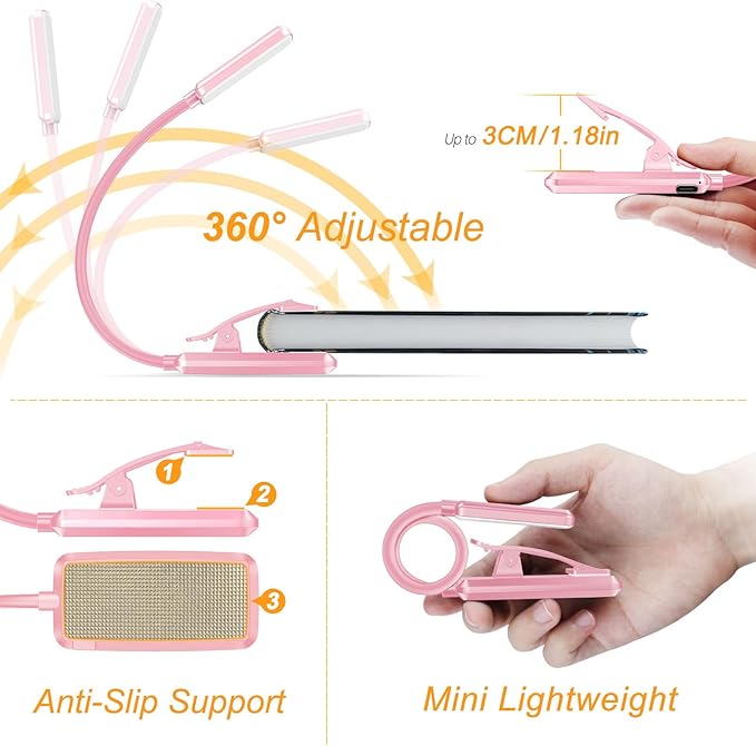 Gritin 9 LED Rechargeable Book Light for Reading in Bed - Eye Caring 3 Color Temperatures,Stepless Dimming Brightness,80 Hrs Runtime Small Lightweight Clip On Book Reading Light for Studying-Pink