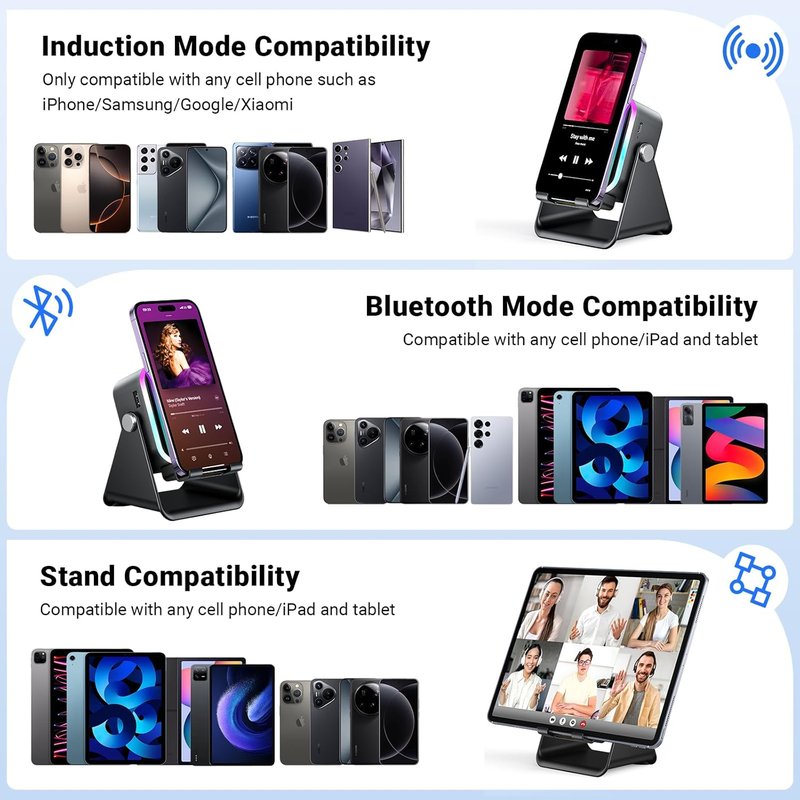 Induction Speaker - 5-in-1 Wireless Bluetooth Audio with Phone Stand & Colorful Light | Rechargeable for iPhone & Android (Black)