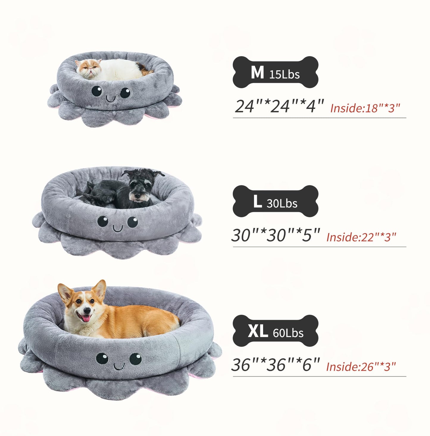Jiupety Cute Calming Dog Beds Clearance for Medium Small Dogs, Anxiety Bolster Dog Bed with Octopus Shape, Grey, M, Boho, Round Pet Bed Cat with Removable Cushion
