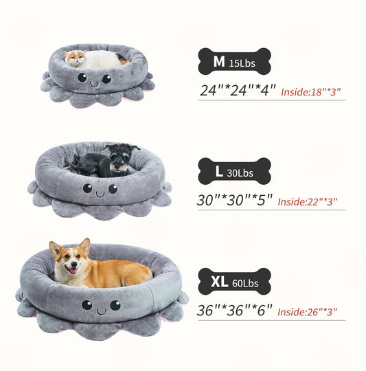 Jiupety Cute Calming Dog Beds Clearance for Medium Small Dogs, Anxiety Bolster Dog Bed with Octopus Shape, Grey, M, Boho, Round Pet Bed Cat with Removable Cushion