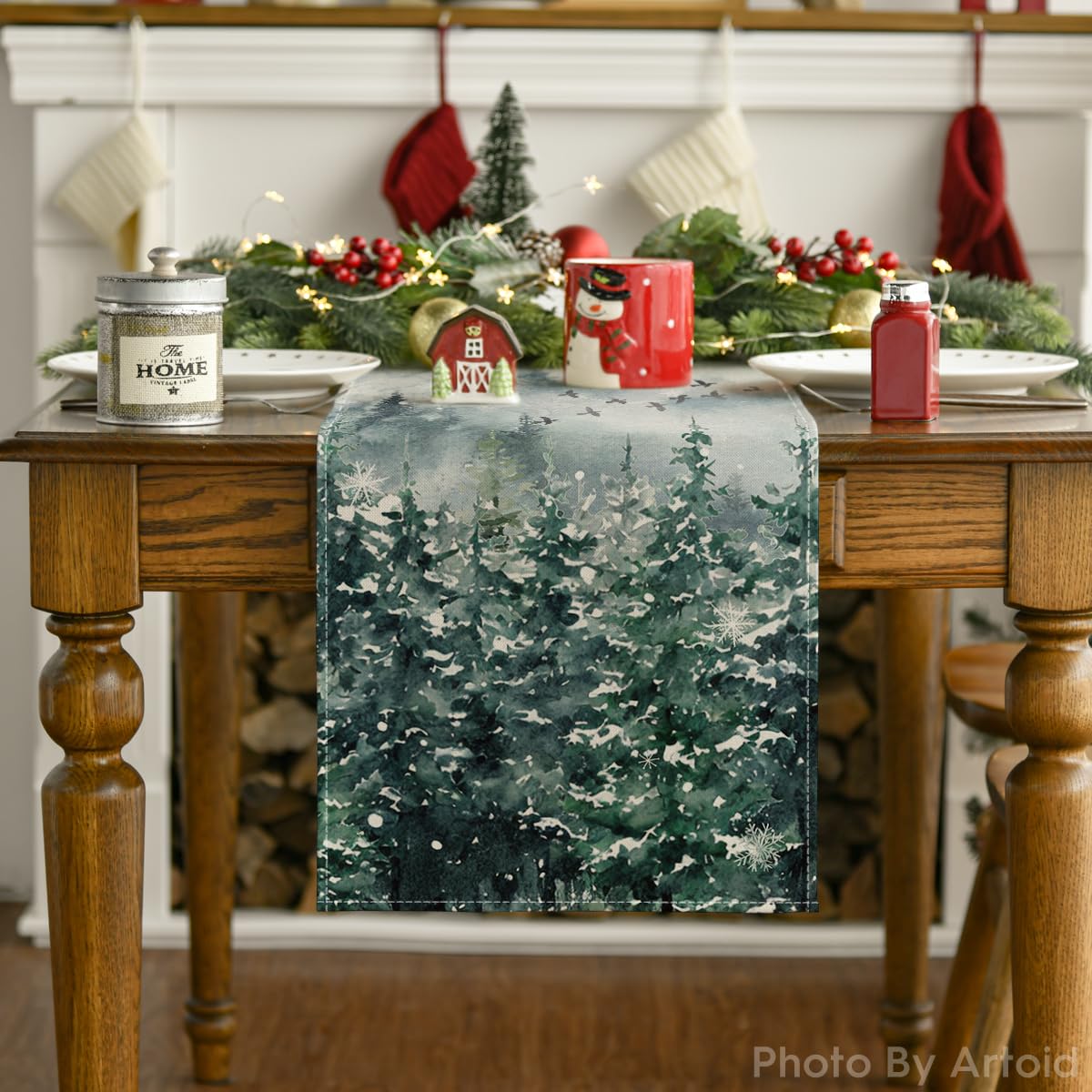 Artoid Mode Green Tree Snow Christmas Table Runner, Seasonal Winter Kitchen Dining Holiday Table Decoration for Home Party Decor 13x90 Inch