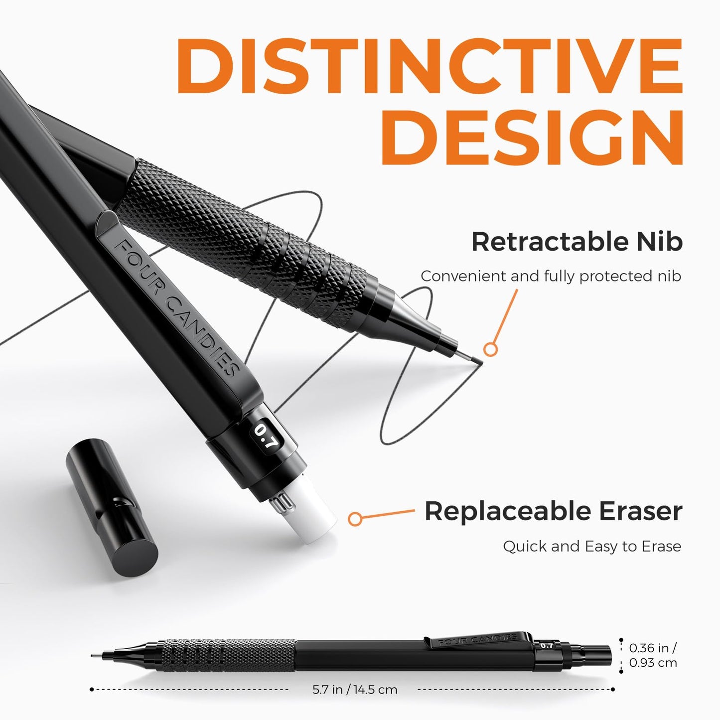 Four Candies 4PCS Metal Mechanical Pencils Set with Case, 0.5mm & 0.7 mm Artist Pencil with 8 Tubes (480PCS) HB Lead Refills, 3 Erasers,9 Eraser Refills For Writing Drafting, Drawing, Black&Silver