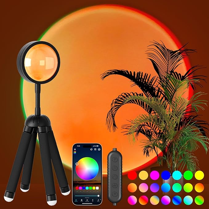 Sunset Lamp Projector with APP Control and Button Control, 360 Degree Rotation Multicolor Changing Projection Lamp Led Sunlight Light for Bedroom, Photography, Party, Room Decor