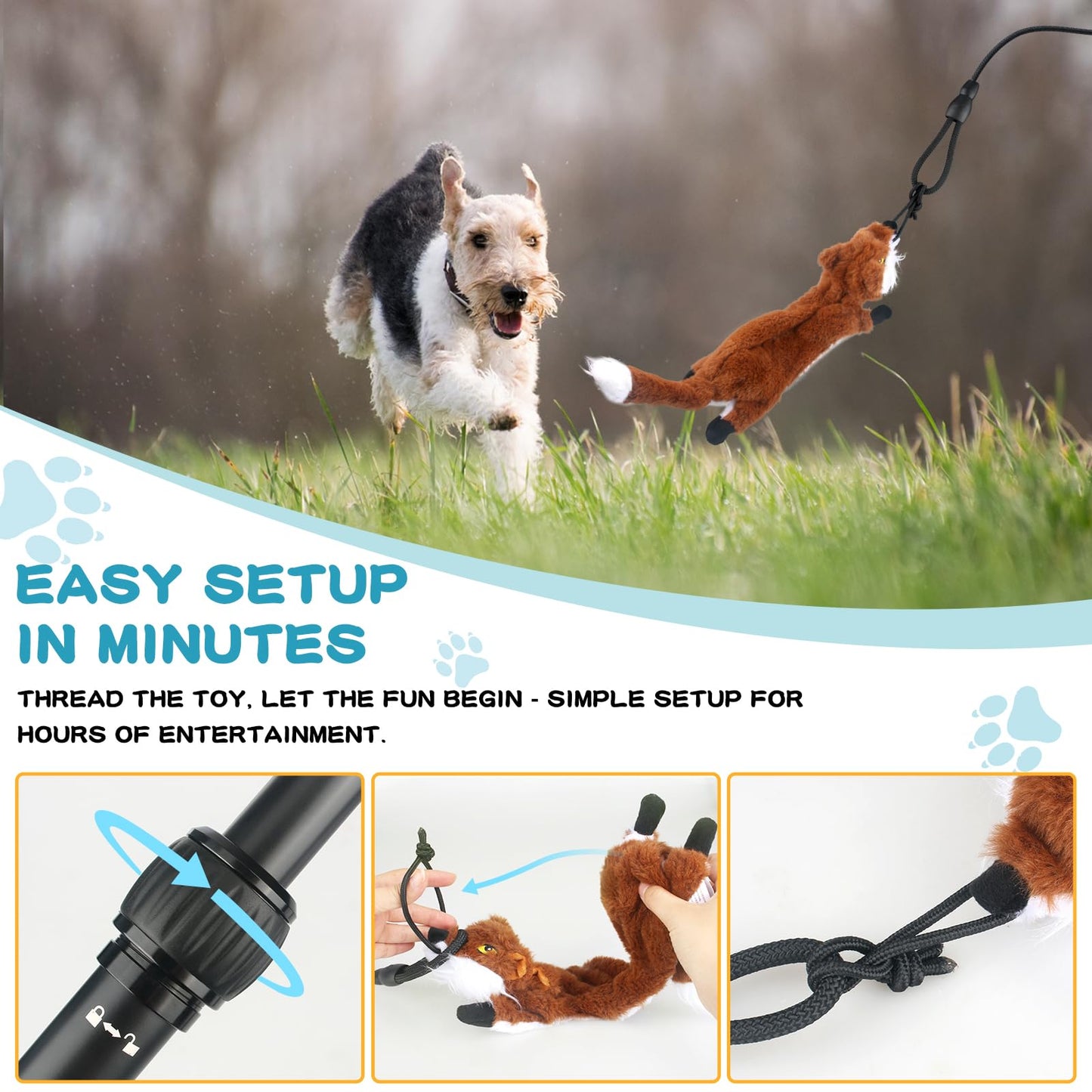 YILAKO Flirt Pole for Dogs - Heavy Duty Interactive Dog Rope Toy, Agility Training Fishing Pole for Large and Small Breeds, Durable Exercise Stick with Replaceable Tails (squeaky toys)