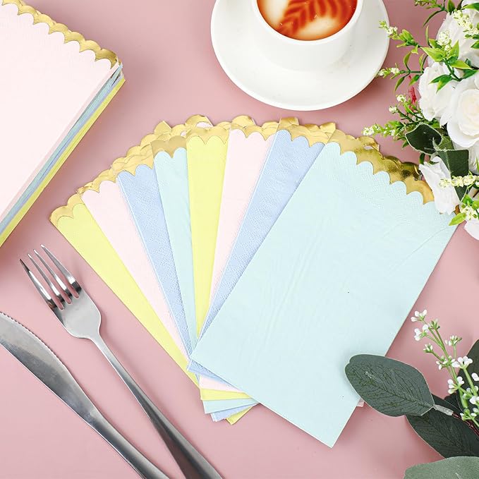 Estune 100 Pack Pastel Napkins with Gold Foil Scalloped Edge 4 x 8 Inch 2 Ply Disposable Thick Paper Cocktail Napkins Unicorn Party Decor for Wedding Dinner Birthday Tea Party Supplies(Multi Color)