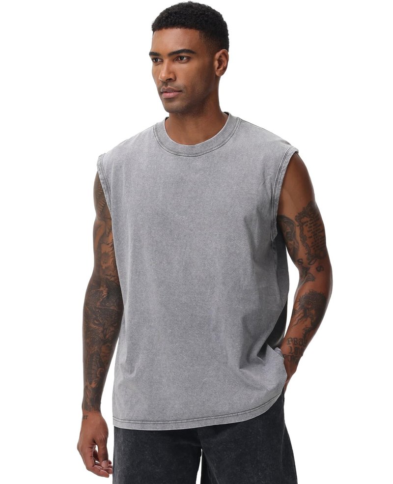SnowElve 3 Pack Mens Workout Tank Tops Sleeveless Tee Shirts Men Muscle Shirt Gym Acid Wash T Shirts Running Beach Loose Fit Tee(CFGYBK,M)