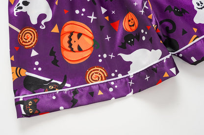 Vopmocld Unisex Kids Girls Boys 3PCS Satin Pajamas Set Button Down Short Sleeve Long Pants and Shorts Silky Nighty Lounge Sleepwear, Halloween Purple, 10