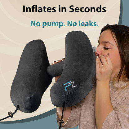 FLOWZOOM Air Inflatable Neck Pillow for Travel – H-Shape Airplane Pillow with 5 Sleeping Positions, Quick Inflation, Adjustable Pressure, Detachable Hood, Soft Plush Cover – Size M, Black
