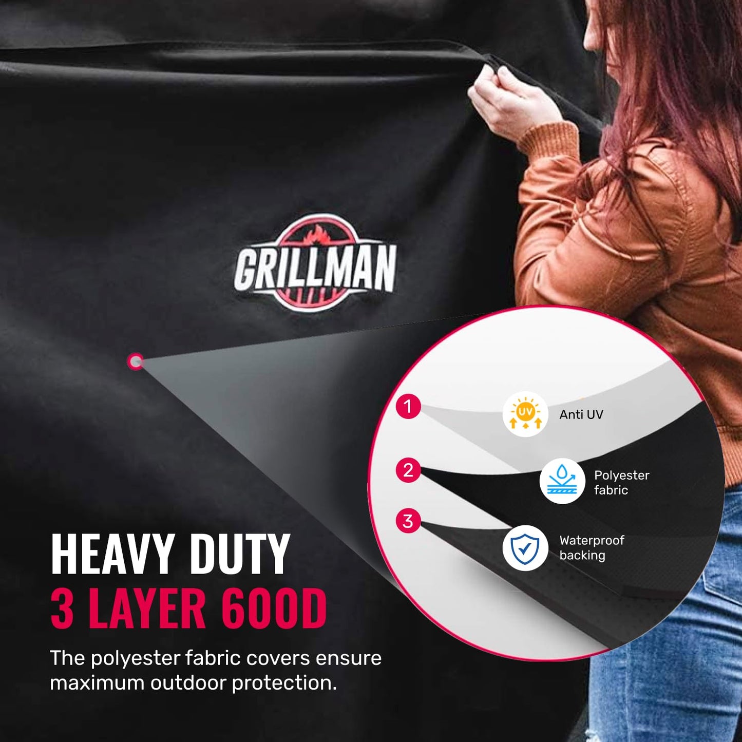 Grillman Heavy Duty BBQ Cover - 147 x 61 x 122 cm Waterproof Barbecue Cover for Outdoor Grill - Fits Weber, Char Broil, Outback - Windproof, Rip-Proof, UV Resistant - Black