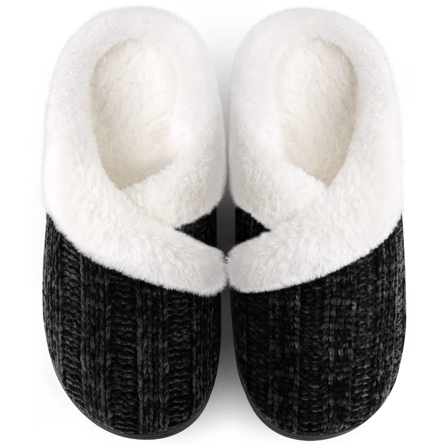 Black Slippers for Women Fuzzy House Slip on Indoor Outdoor Bedroom Furry Fleece Lined Ladies Comfy Memory Foam Female Home Shoes Anti-Skid Rubber Hard Sole Black Size 11-12