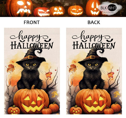 BLKWHT Halloween Cat Garden Flag 12x18 Vertical Double Sided Happy Halloween Pumpkin Holiday Outside Decorations Burlap Yard Flag BW479
