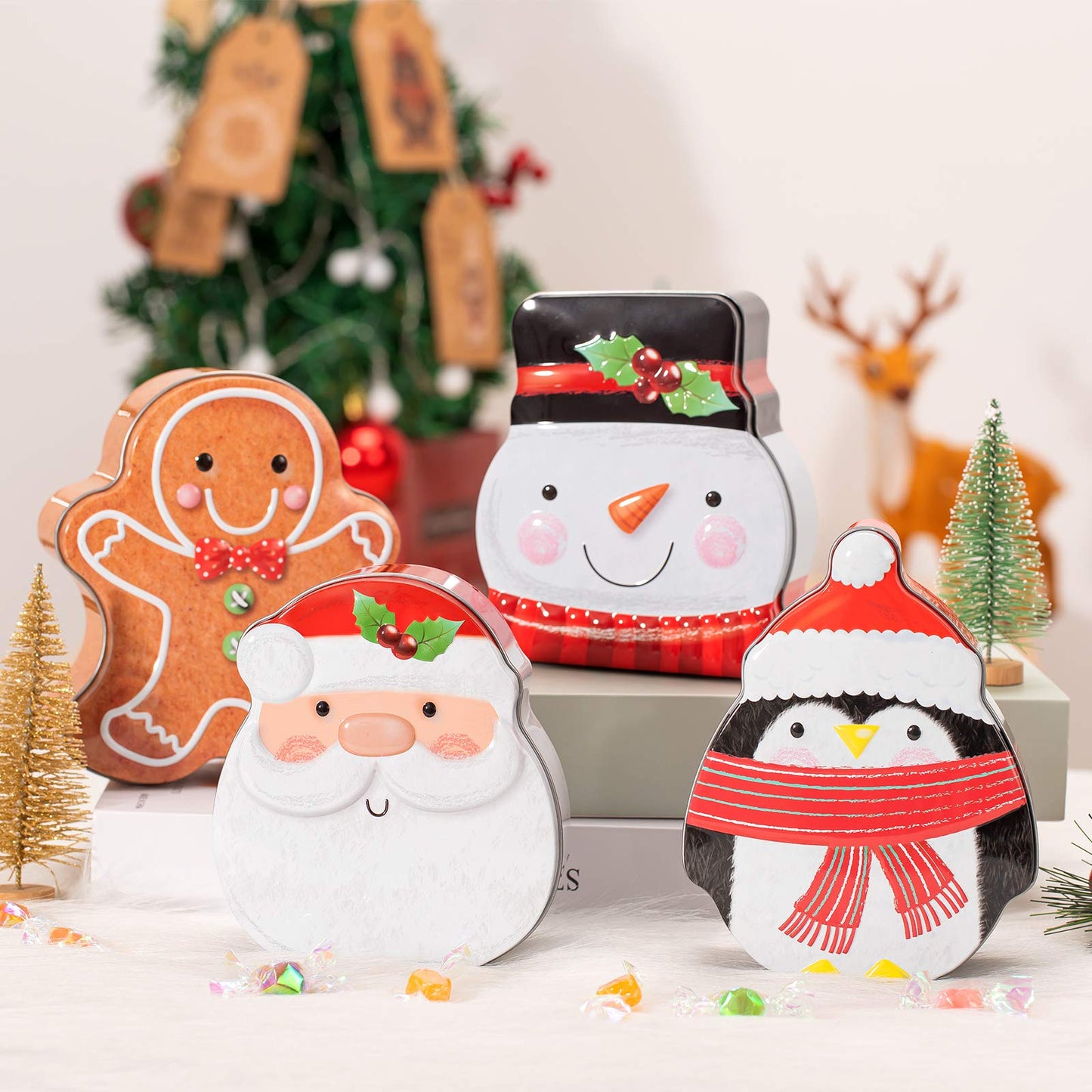 Whaline Christmas Cookie Tins with Lid Xmas Metal Cookie Tin Box Santa Clause Snowman Gingerbread Penguin Xmas Card Tin Box Cute Assorted Card Holder Containers for Christmas Party Decor, 4 Pcs
