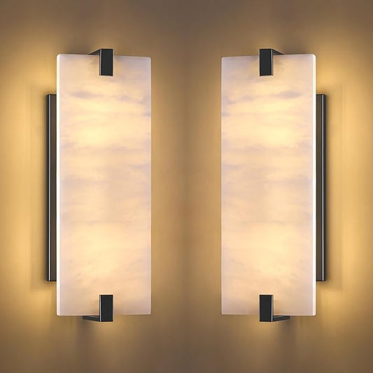2 Pack 2 Light Square 14.7" Alabaster Marble Bathroom Wall Sconce Modern Concise Style Wall Light Fixture,Dark Gray Finish for Bedroom Hallway Bedside