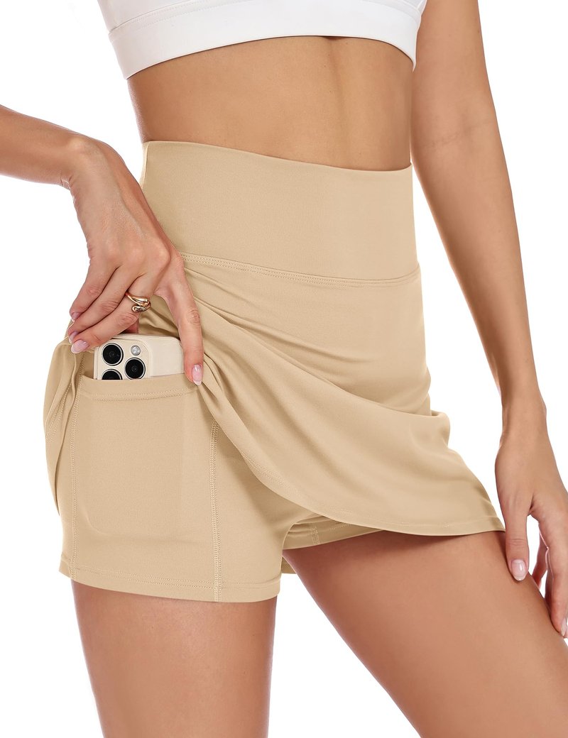 LOMON Womens Tennis Skirt with Pockets Shorts Mini Skort Golf Athletic Skirts High Waisted Stretchy Skorts Summer Gym Clothing (Apricot, XS)