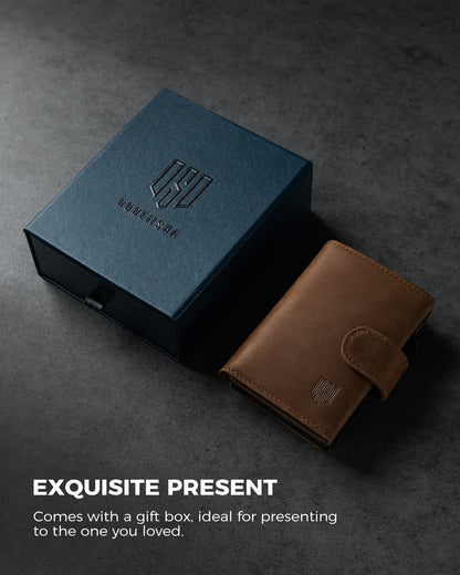 DODENSHA AirTag Wallet, RFID Blocking Genuine Leather Pop Up Credit Card Holder Wallet with Coin Pocket, ID Window, Banknote Compartment & Snap Closure