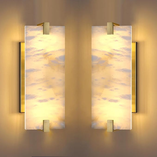 2 Pack 2 Light Square 12.75" Alabaster Marble Bathroom Wall Sconce Modern Concise Style Wall Light Fixture,Gold Finish for Bedroom Hallway Bedside
