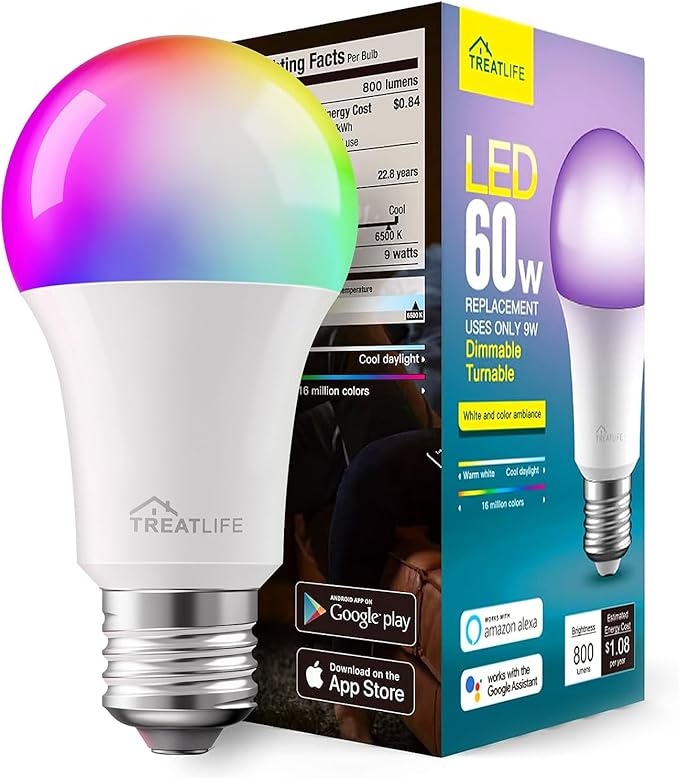 TREATLIFE Smart Light Bulbs, UL Certified WiFi Bluetooth Color Changing Light Bulb, A19 LED Smart Bulb Works with Alexa & Google Home, 60W Equivalent 800 Lumen, for Smart Home Lighting