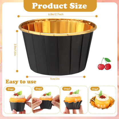 Gandeer 300 Pack Black Gold Cupcake Liners Bulk Disposable Foil Muffin Cups 3.5 oz Wrappers for Baking Aluminum Paper Mini Metallic Disposable Holiday Party Wedding Festival Supply