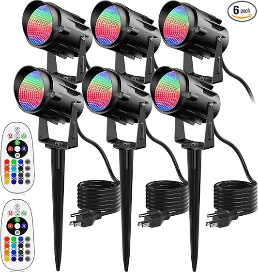Christmas Halloween Spotlights Outdoor RGB Spotlight 12W Color Changing Landscape Lighting with Remote Control for Tree Garden Pathway 120V Waterproof Landscape Spotlights Lamp for Party Decor(6 pack)