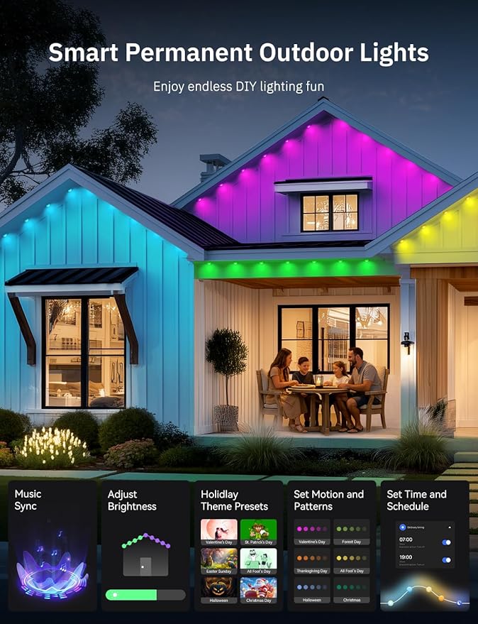 150FT Permanent Outdoor Lights Pro, 75 IC+RGBCW Smart Eaves Lights with 48 Scene Modes, IP67 Waterproof Outside Halloween Christmas String Lights for House All Year Decor, APP/Remote Control