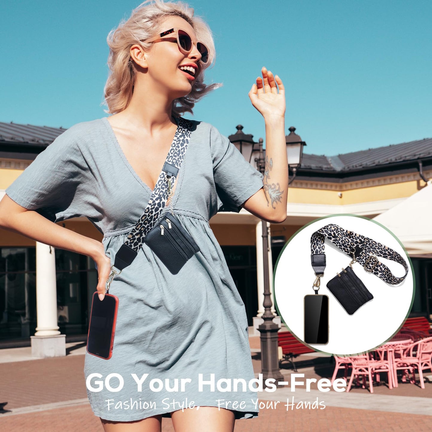 Clip and Go Phone Strap with Wallet Crossbody, Phone Chain Cross Body with Detachable Zippered Pouch, Phone Lanyard with Purse, Adjustable Mobile Strap(Leopard)