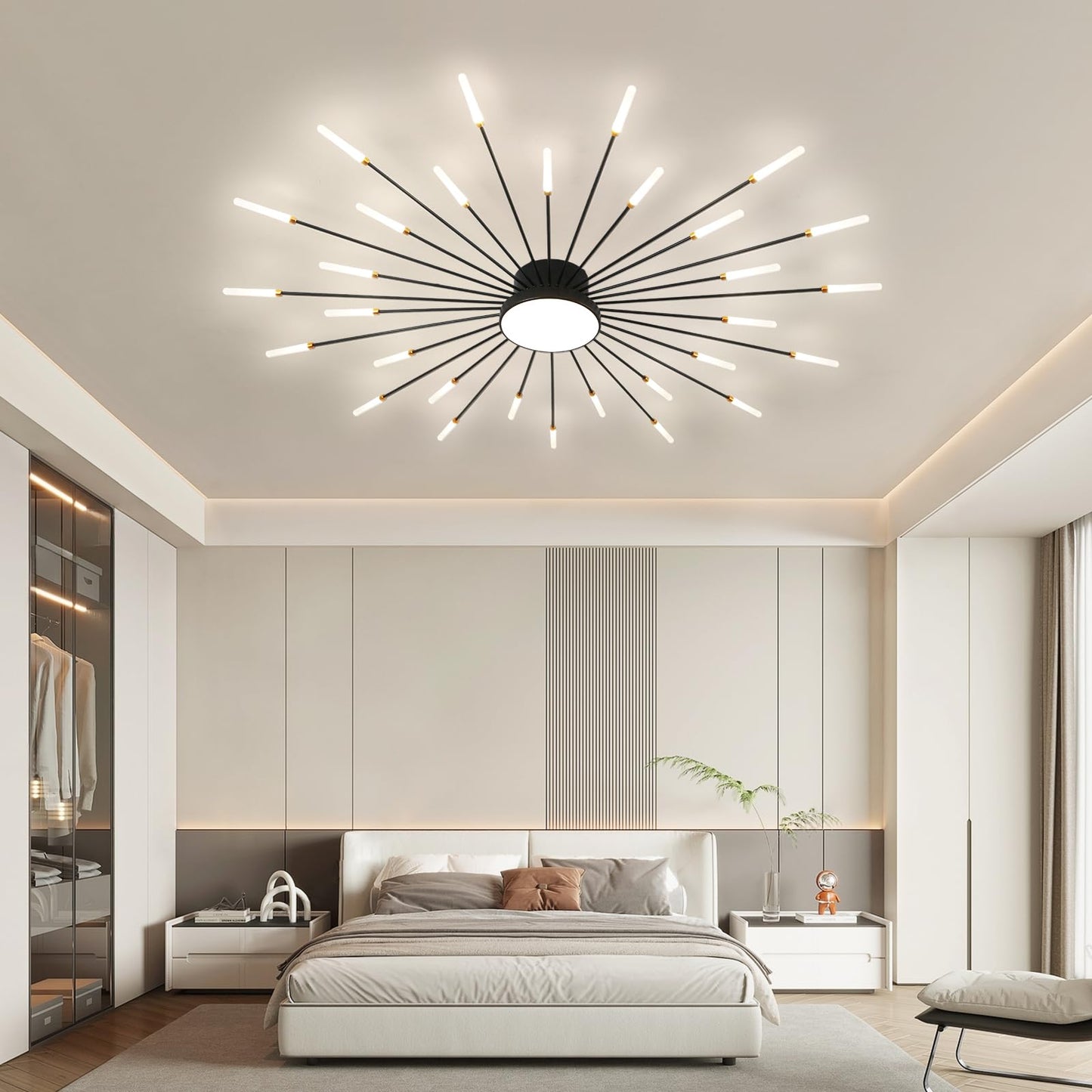 JAYMP Ceiling Light Modern Flower Shape Ceiling Lamp for Living Room Dining Room Flush Mount Metal Acrylic Sputnik Firework Petal LED Lighting Fixture (Matte Black, 30+1 Lights)