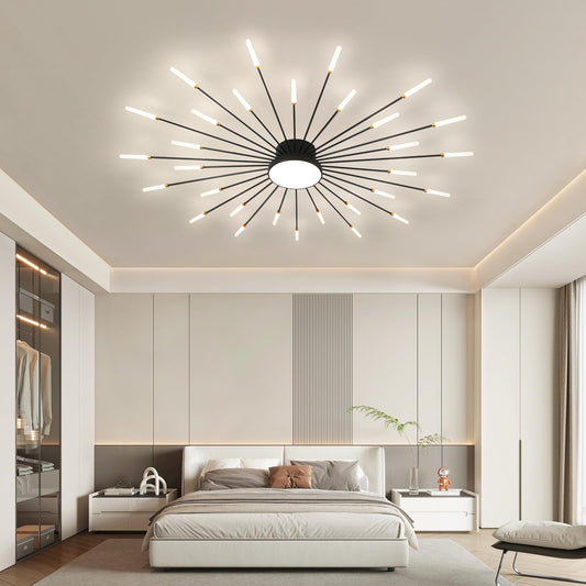 JAYMP Ceiling Light Modern Flower Shape Ceiling Lamp for Living Room Dining Room Flush Mount Metal Acrylic Sputnik Firework Petal LED Lighting Fixture (Matte Black, 30+1 Lights)