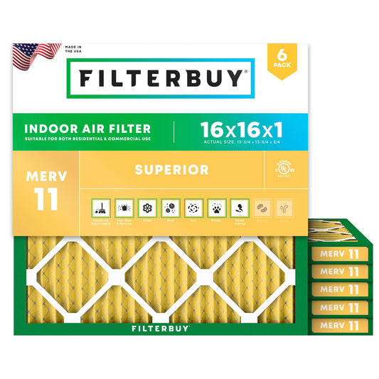 Filterbuy 16x16x1 Air Filter MERV 11 Superior Pet & Allergy Defense (6-Pack), Electrostatic Pleated HVAC AC Furnace Filters Replacement, Made in USA (Actual Size: 15.75 x 15.75 x 0.75)